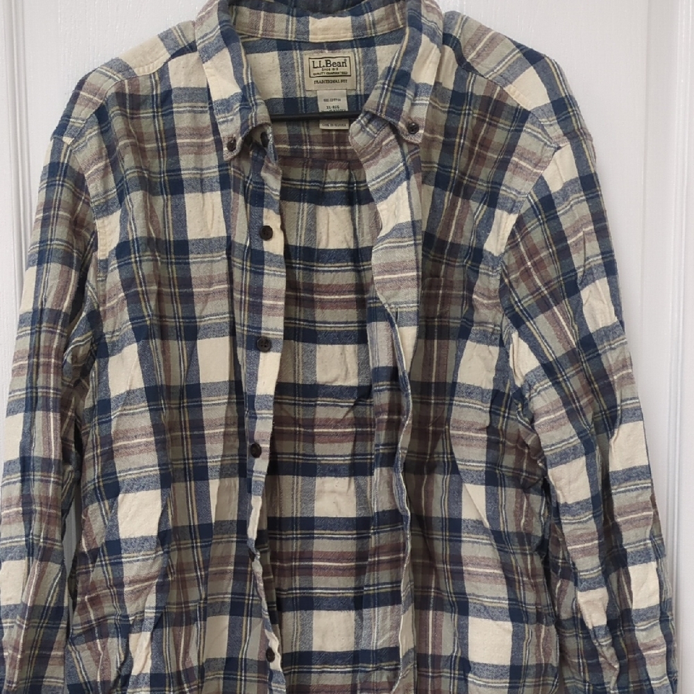 L.L. Bean Cream and Blue Plaid Button Down Shirt